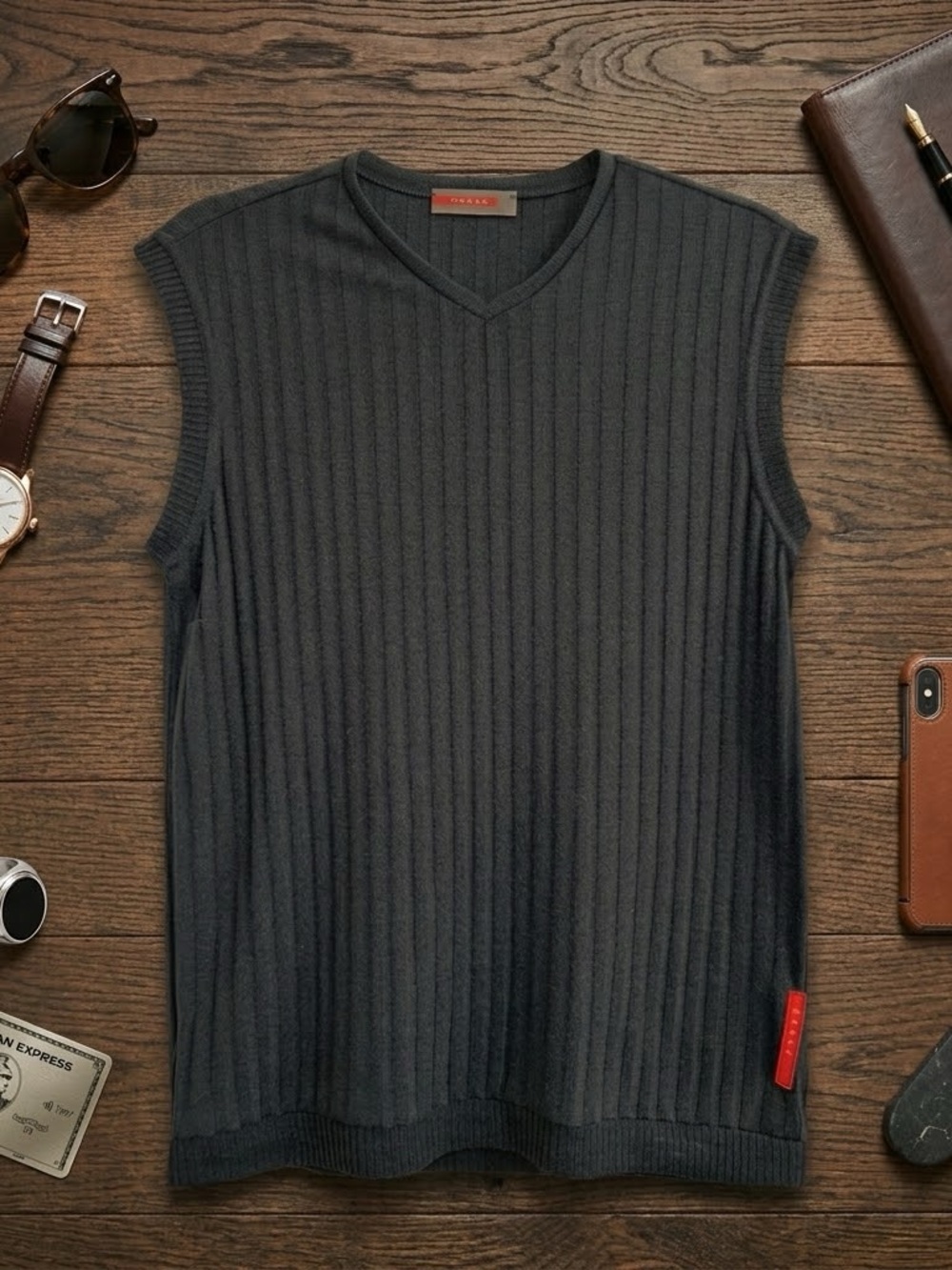Prada Mens Sport Linea Rossa Ribbed Knit Sweater Vest Men’s M V Neck Black Red